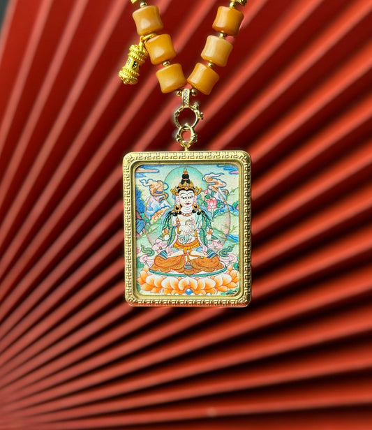 4x5cm Hand-Painted Nepal Mahasthamaprapta (大势至菩萨) Buddhist Pendant with Titanium Casing: Tibetan Buddhist Jewelry