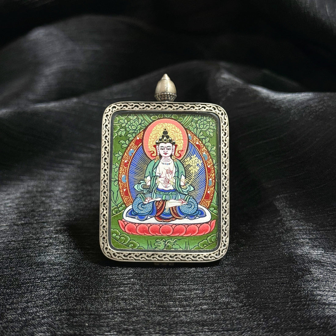 3.5x4.5cm Hand-Painted Rekong Cuiying (翠映梵心) Mahasthamaprapta Buddhist Pendant: Wisdom Tibetan Buddhist Jewelry