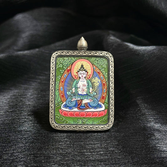3.5x4.5cm Hand-Painted Rekong Cuiying (翠映梵心) Mahasthamaprapta Buddhist Pendant: Wisdom Tibetan Buddhist Jewelry
