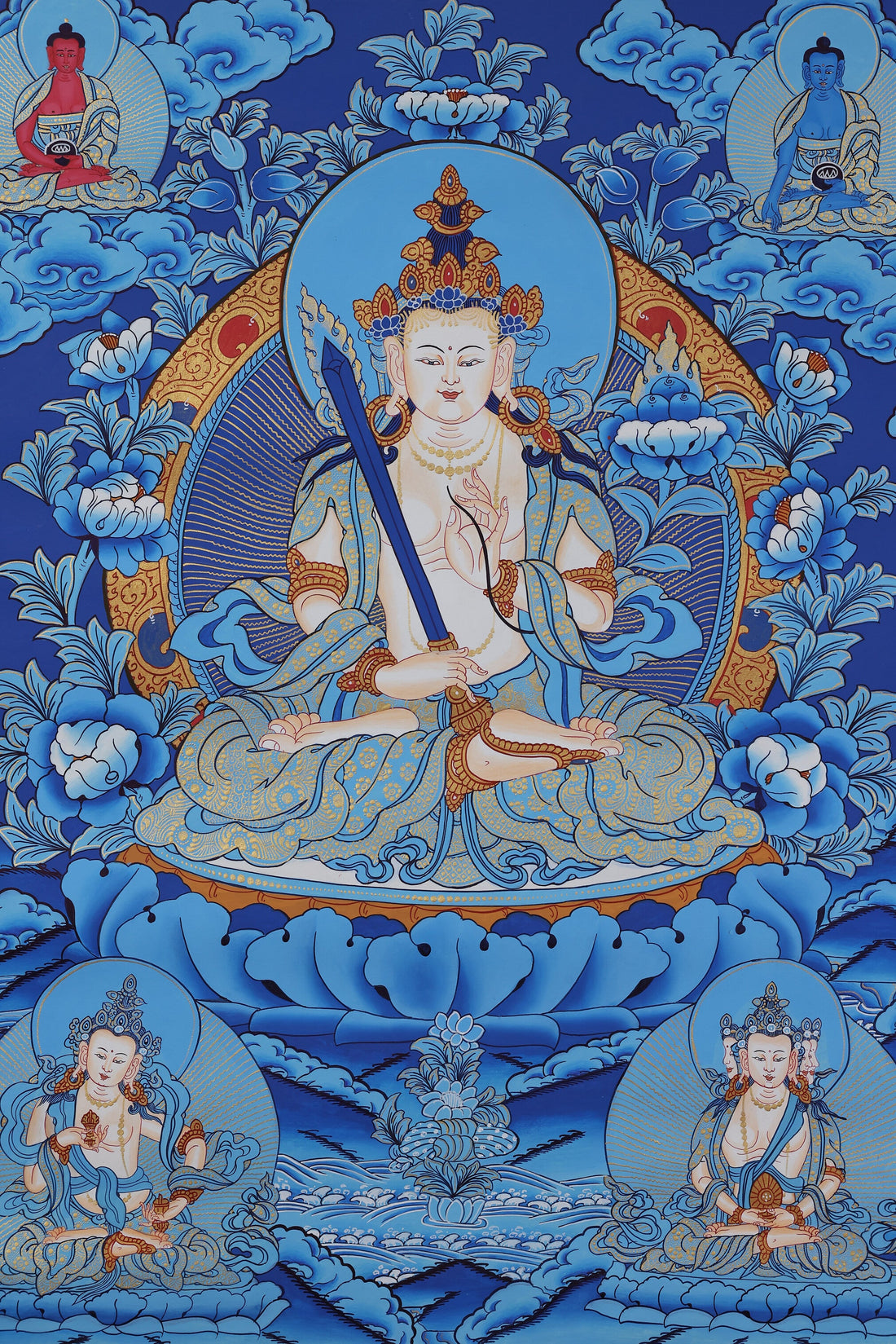 Hand-Painted Manjushri Bodhisattva Thangka | Tibetan Buddhist Blue-Gold Wisdom Art