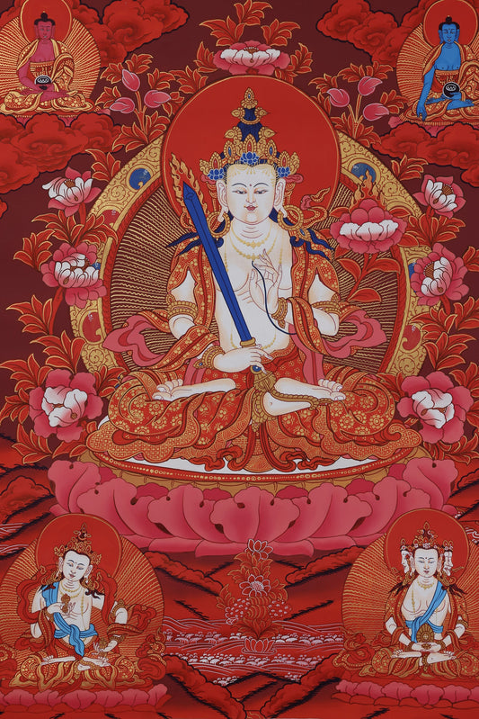 Hand-Painted Red-Gold Manjushri Bodhisattva Thangka | Tibetan Buddhist Wisdom Art