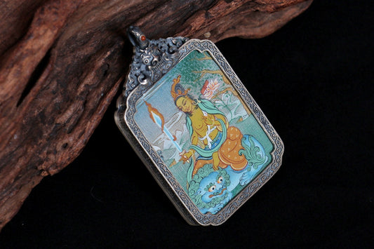 Wisdom and Blessing: Karma Gadri Manjushri Thangka Pendant with Vintage Silver Casing