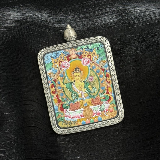 Manjushri Bodhisattva Menri Thangka Pendant: The Bodhisattva of Wisdom and Discernment
