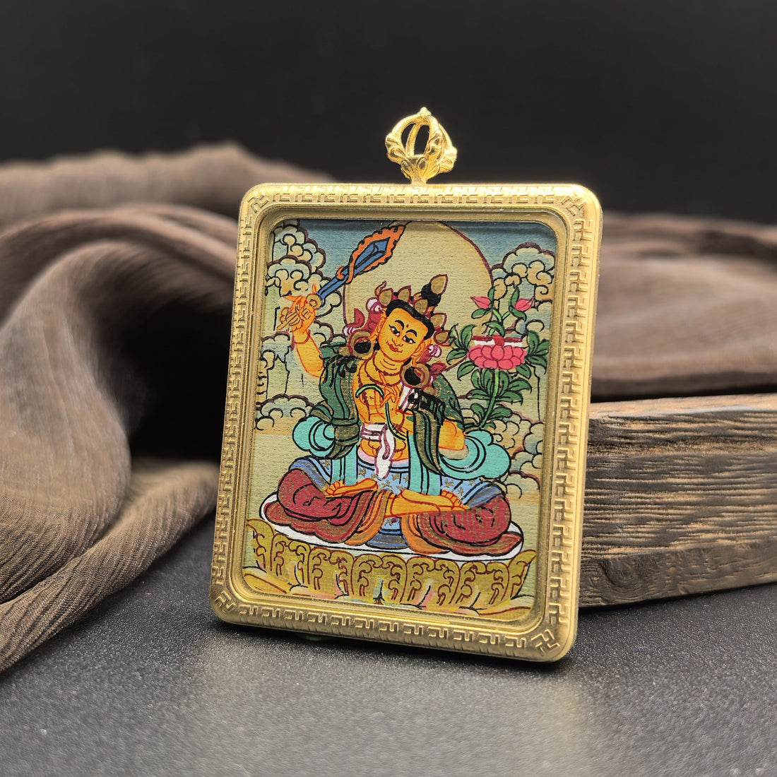 The Bodhisattva of Wisdom: Nepal Manjushri Thangka Pendant with Titanium Casing