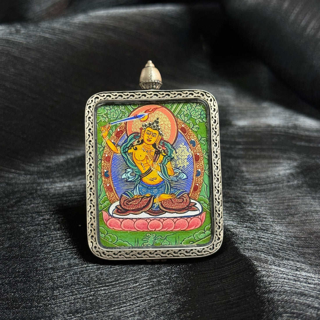3.5x4.5cm Hand-Painted Rekong Cuiying (翠映梵心) Manjushri (Wenshu) Buddhist Pendant: Wisdom Tibetan Buddhist Jewelry