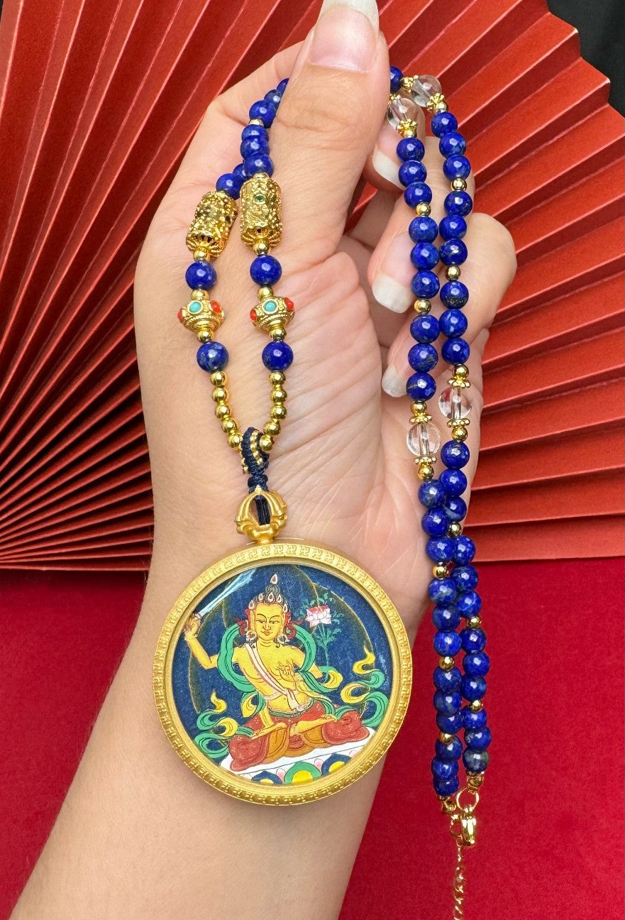 The Mother of All Buddhas: Tibet Bold Manjushri Thangka Pendant with Copper Casing