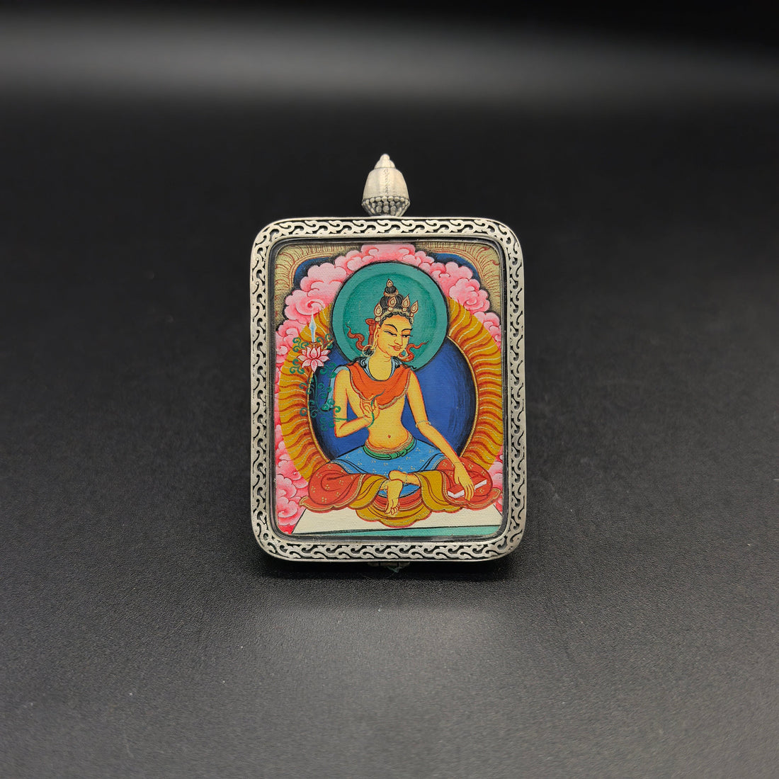 3.5x4.5cm Hand-Painted Tibet Red Cloud Manjushri (文殊菩萨) Buddhist Pendant with 925 Silver: Tibetan Buddhist Jewelry