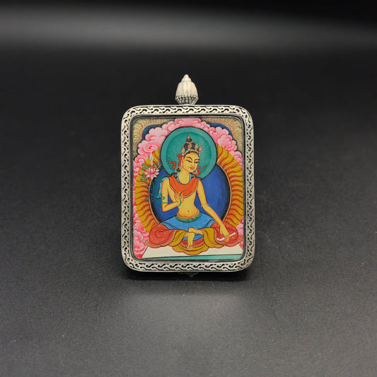 3.5x4.5cm Hand-Painted Tibet Red Cloud Manjushri (文殊菩萨) Buddhist Pendant with 925 Silver: Tibetan Buddhist Jewelry