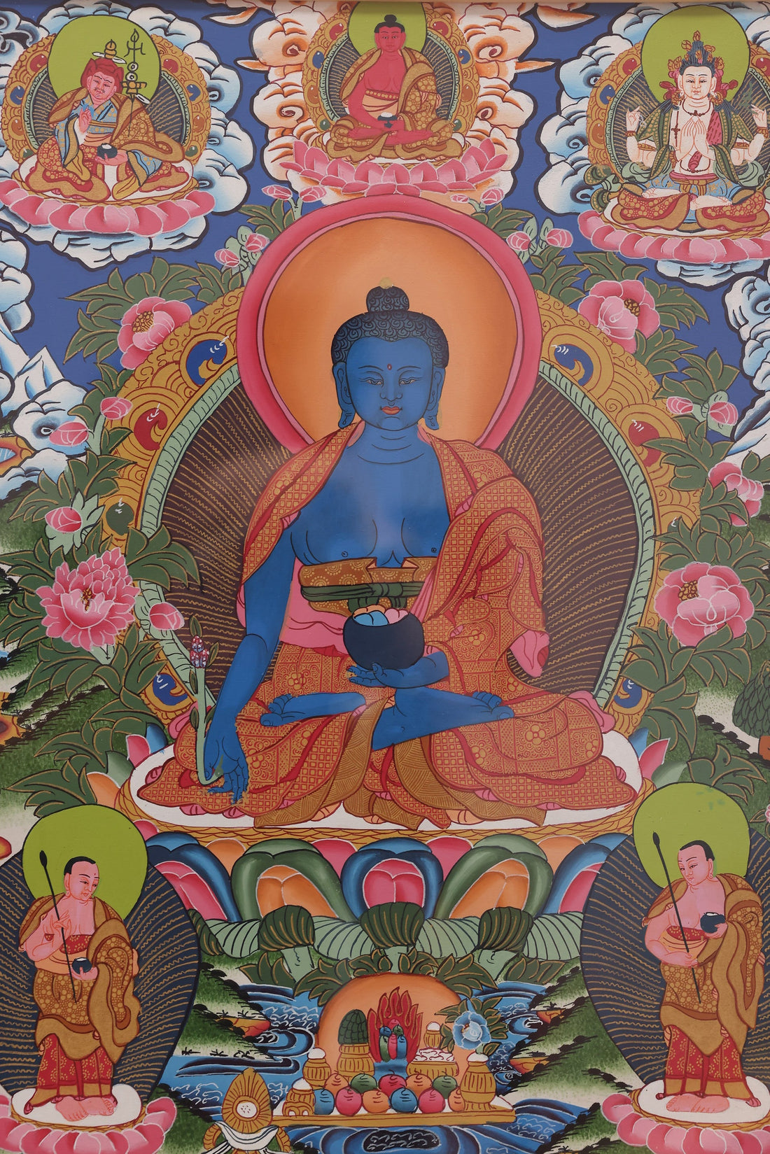 Handpainted Tibetan Buddhist Medicine Buddha (Bhaiṣajyaguru) Pure Glass World Thangka