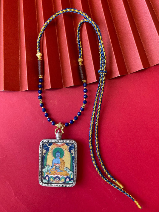 Healing: Tibet Medicine Buddha Thangka Pendant with Copper Casing