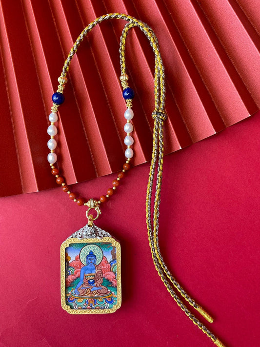 Healing: Rekong Medicine Buddha Thangka Pendant with 925 Silver Casing