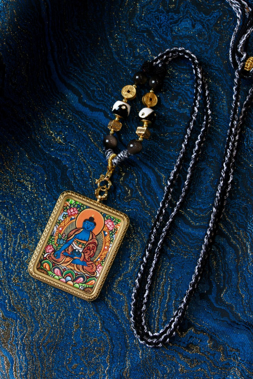 Medicine Buddha Thangka Pendant: Nepal Handcrafted Healing Gau Amulet (Titanium Steel)