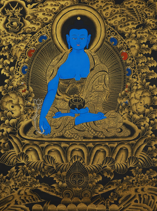 Medicine Buddha Black and Gold Thangka: An In-Depth Analysis of Theme, Deity, and Tibetan Buddhist Thangka Painting