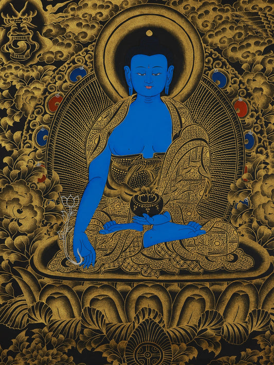 Tibetan Buddhist Medicine Buddha Black and Gold Thangka: An Artistic Sanctuary Carrying Millennia of Healing Wisdom