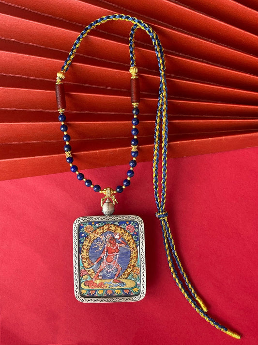 Wisdom Dakini and Swift Accomplishment: Naro Khechari Thangka Pendant with Copper Casing