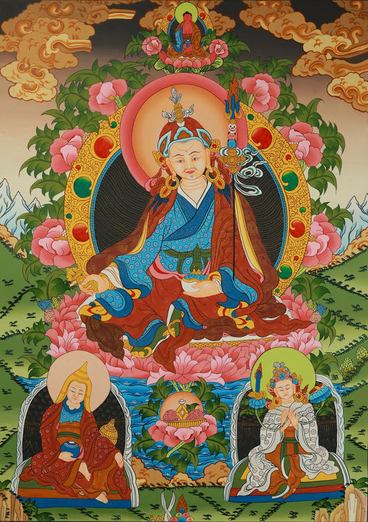 Hand-Painted Tibetan Buddhist Thangka: Guru Rinpoche’s Refuge Realm – Faith Narrative and Artistic Code