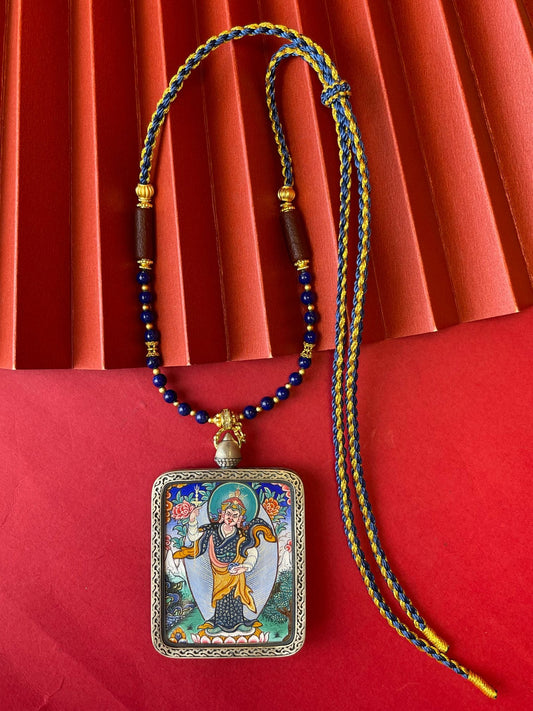Guru Rinpoche Standing: Tibet Padmasambhava Thangka Pendant with Copper Casing