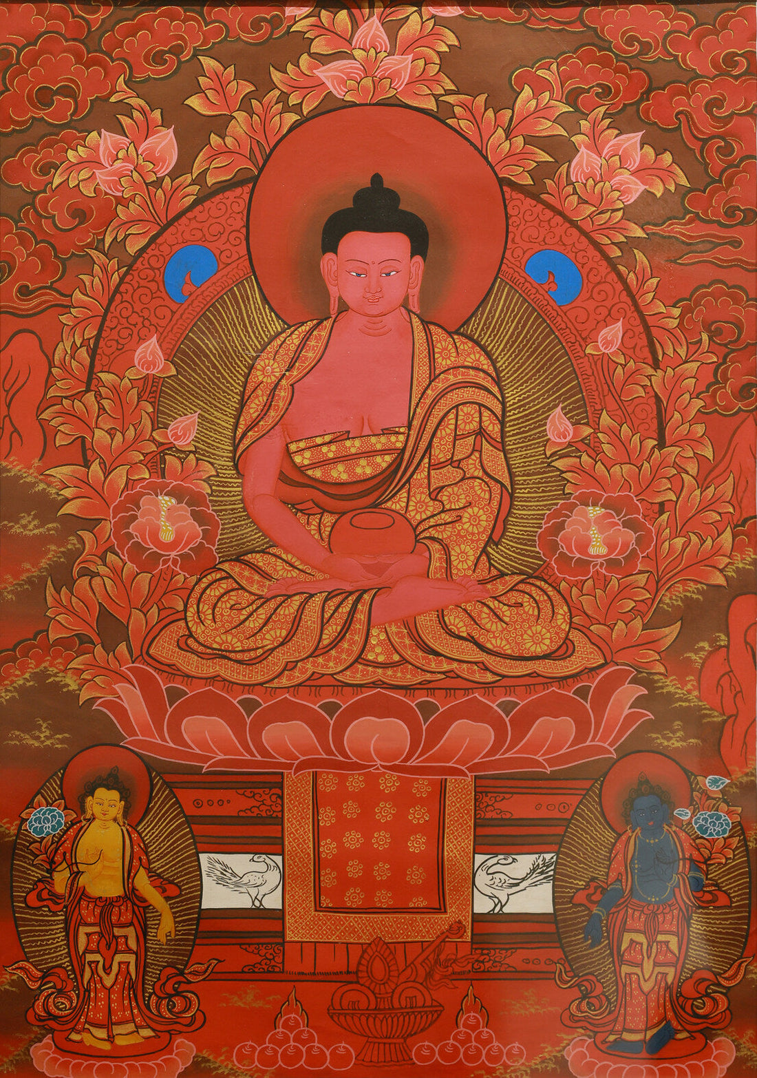 In-Depth Analysis of Nepal’s Hand-Painted Red Thangka of Amitabha Buddha: Tibetan Tibetan Buddhist Thangka Painting