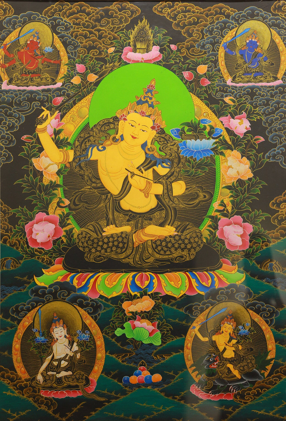Nepalese Black-Gold Five Directions Manjushri Thangka: The Perfect Symbiosis of Tibetan Tibetan Buddhist Thangka Painting