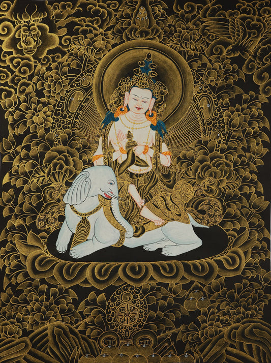 Samantabhadra Bodhisattva Black and Gold Thangka: An In-Depth Analysis of Theme, Deity Tibetan Buddhist Thangka Painting