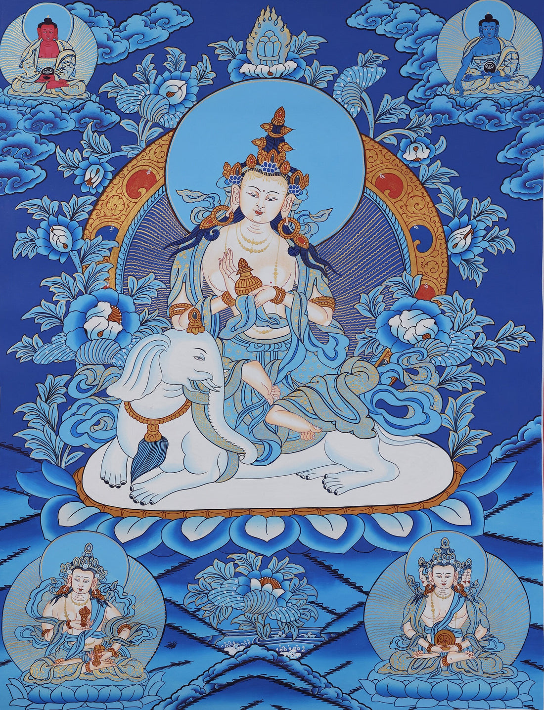 Hand-Painted Samantabhadra Bodhisattva Thangka | Tibetan Buddhist Blue-White Mineral Pigment Art