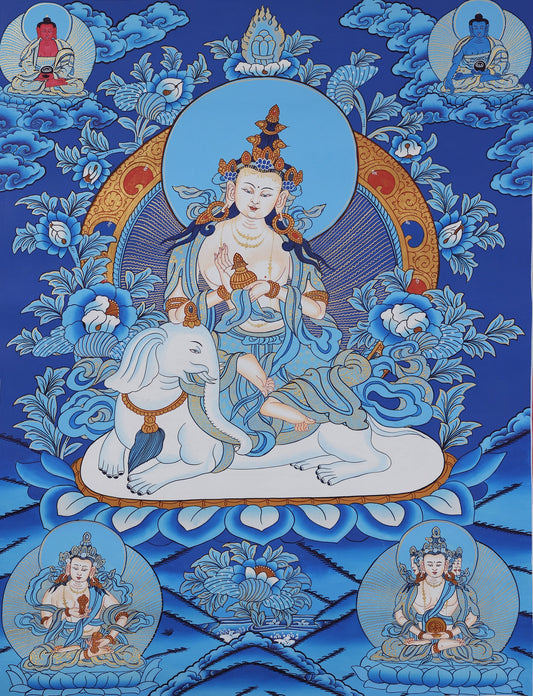 Hand-Painted Samantabhadra Bodhisattva Thangka | Tibetan Buddhist Blue-White Mineral Pigment Art