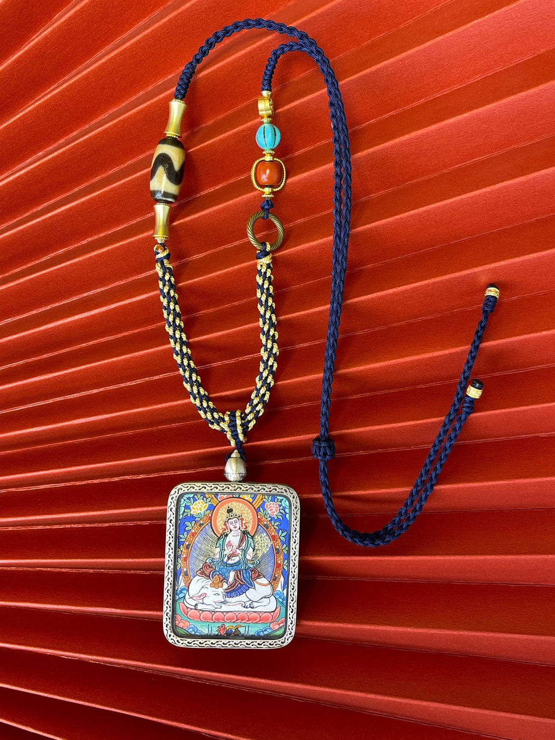 3.5x4.5cm Hand-Painted Samantabhadra (普贤菩萨) Rekong Buddhist Pendant with 925 Silver Tibetan Buddhist Jewelry
