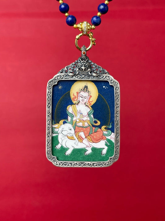 3.5x4.5cm Samantabhadra (普贤菩萨) Buddhist Pendant with Refined Silver Casing: Right Conduct Tibetan Buddhist Jewelry