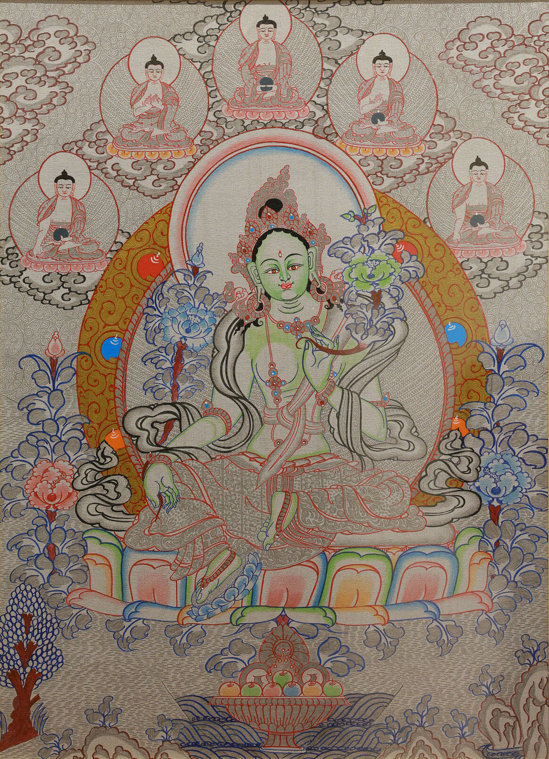 Tibetan Silver Thangka of Green Tara: The Compassionate Art and Craft Code of Tibetan Tibetan Buddhist Thangka Painting