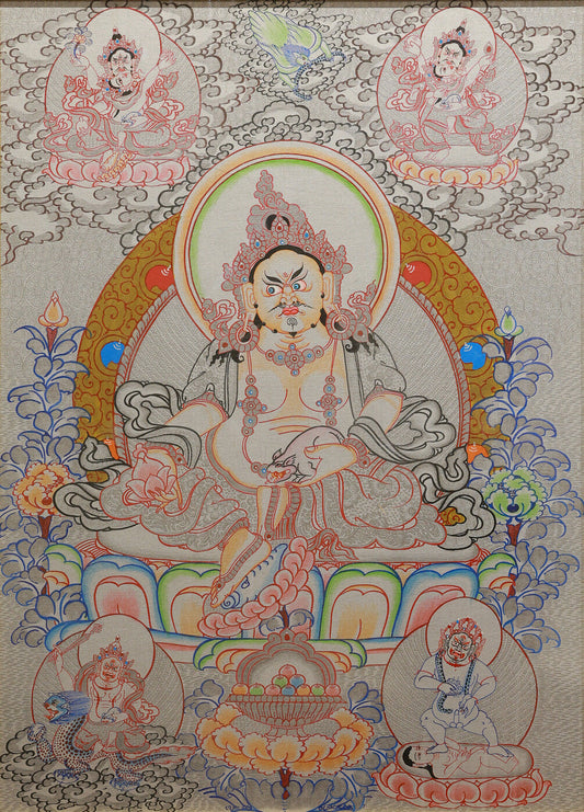 Tibetan Silver Thangka of Yellow Jambhala: The Symbiosis of Tibetan Buddhist Wealth Tibetan Buddhist Thangka Painting