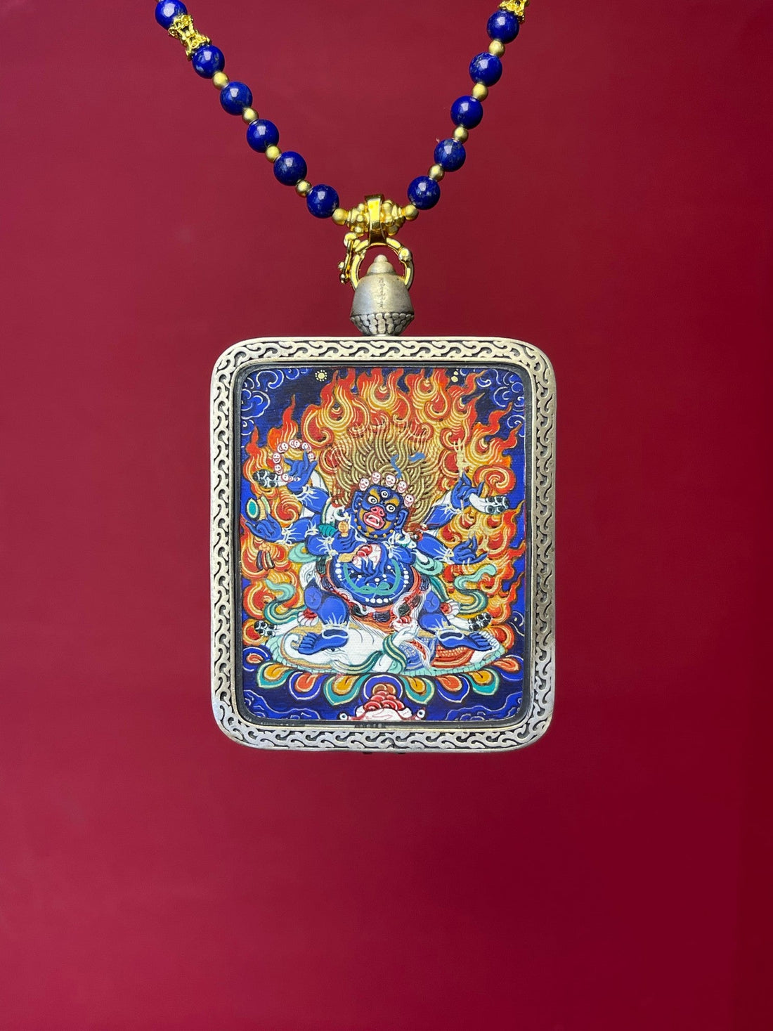 4x5cm Six-Armed Mahakala (六臂玛哈嘎拉) Rekong Buddhist Pendant with Copper Casing: Dharma Tibetan Buddhist Jewelry