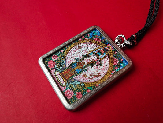 Great Compassion and Fulfil All Wishes: Nepal Thousand-Armed Avalokiteshvara Thangka Pendant with Alloy Casing