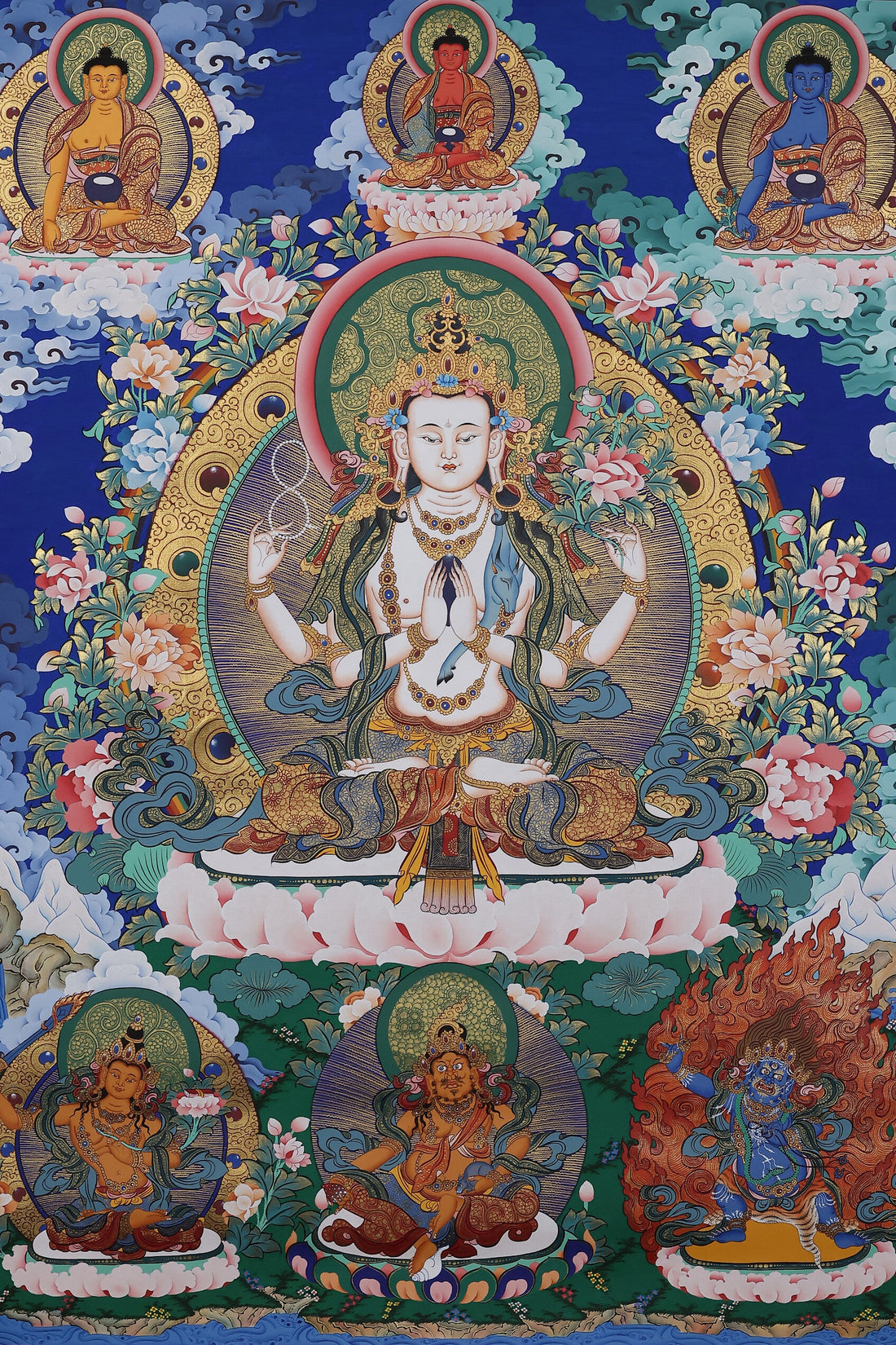 Hand-Painted Four-Armed Avalokiteshvara & Three Protectors Thangka | Tibetan Buddhist Altar Art | Gold Acrylic & Mineral Pigments