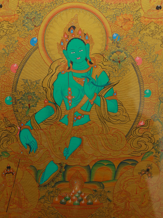 Tibetan Buddhist Gold Thangka: The Compassionate Icon of Green Tara and the Secrets of Reigong Carved Gold Technique