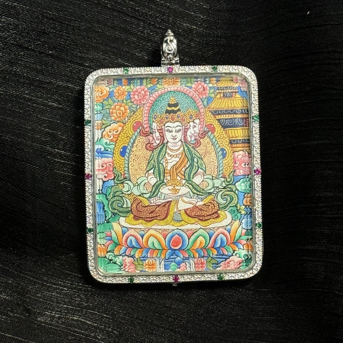 4x5cm Hand-Painted Vairocana Buddha with Eight Guardians and Mandala Buddhist Pendant: Tibetan Buddhist Jewelry