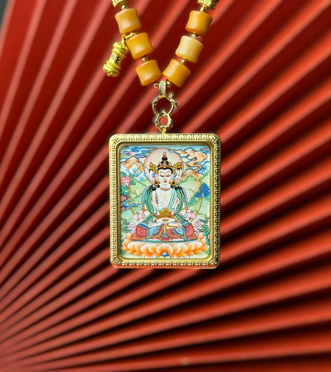 4x5cm Hand-Painted Nepal Vairocana (大日如来) Buddhist Pendant with Titanium Casing: Symbol Tibetan Buddhist Jewelry