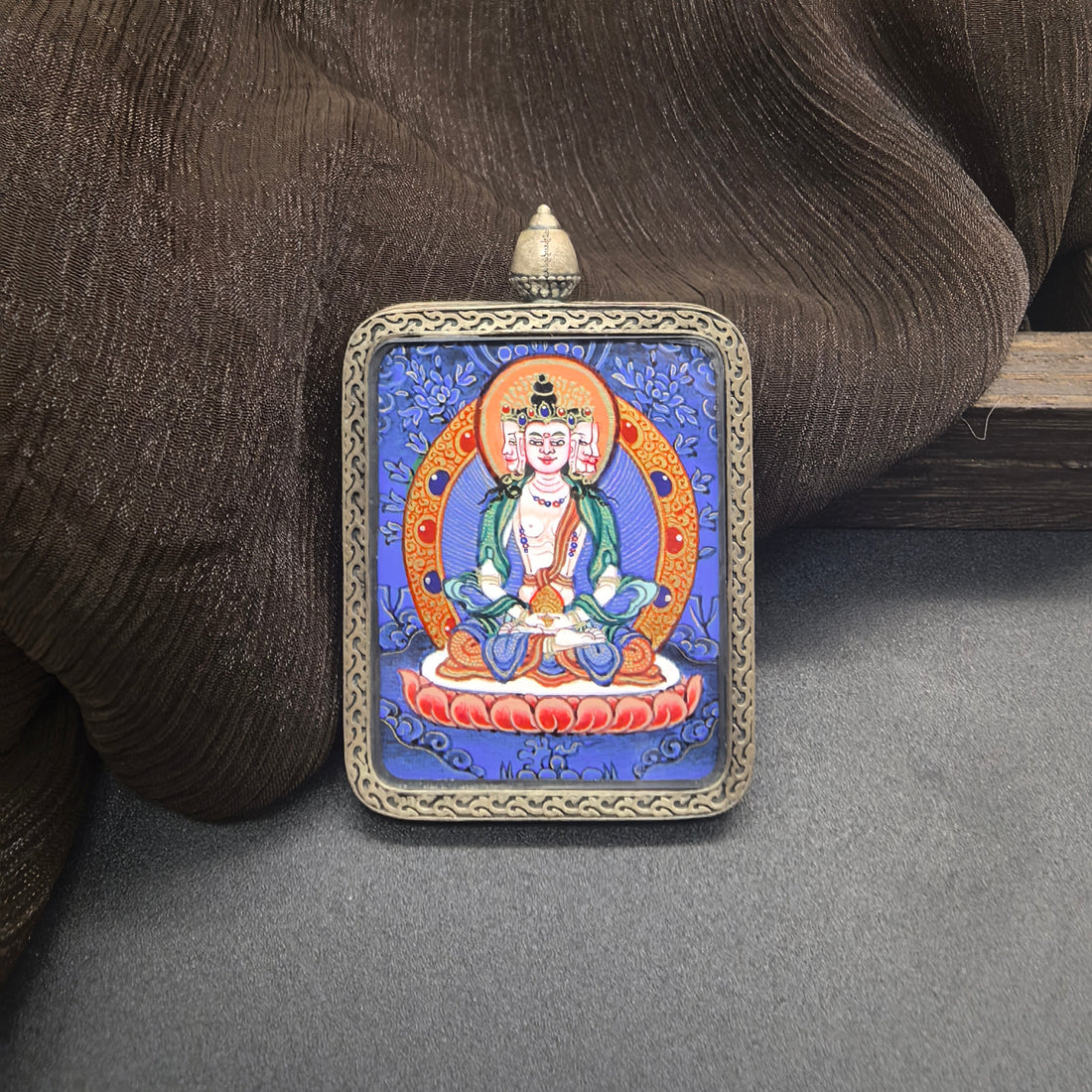 3.5x4.5cm Hand-Painted Rekong Blue Thangka Vairocana (大日如来) Buddhist Pendant with 925 Tibetan Buddhist Jewelry