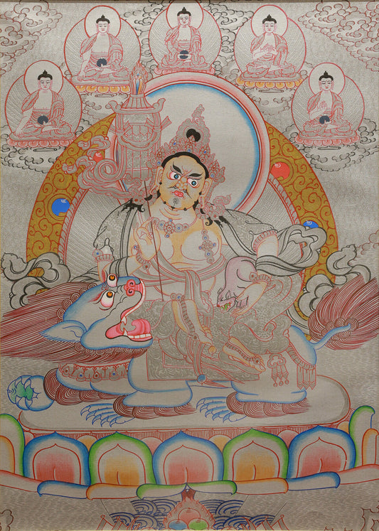 Yellow Jambhala Silver-Ground Thangka: A Majestic Gateway to Abundance and Wisdom