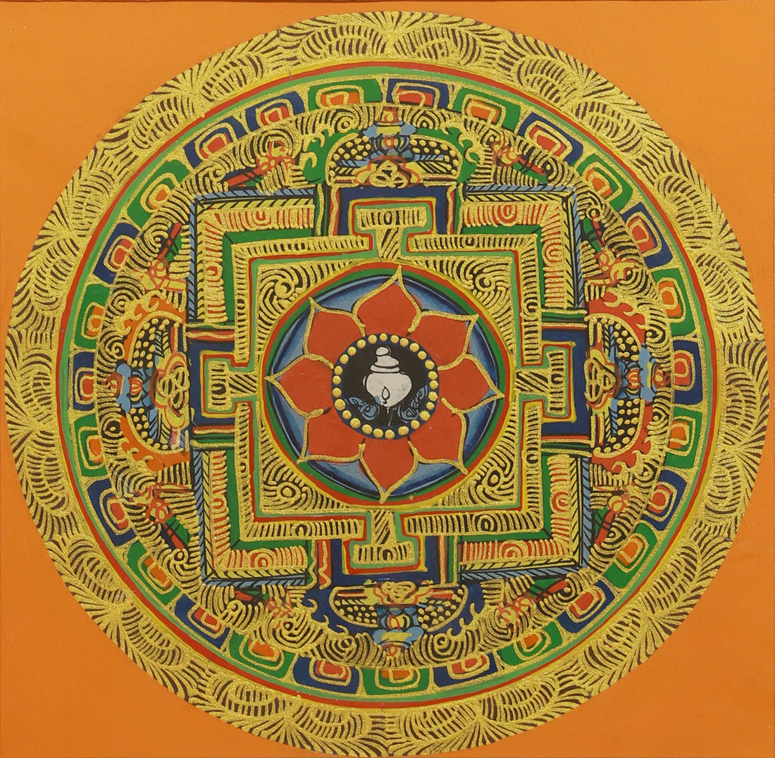 Nepalese 20×20cm Hand-Painted Auspicious Vase Mandala Thangka: The Microcosmic Sacred Tibetan Buddhist Thangka Painting