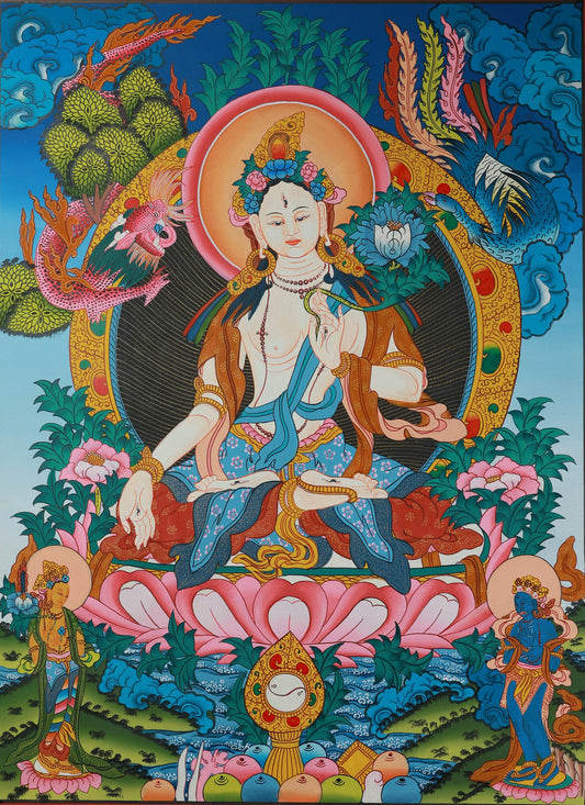 Blog Post: A Deep Dive into a Nepalese Hand-Painted White Tara Thangka: Tibetan Buddhist Aesthetics and Spiritual Symbolism