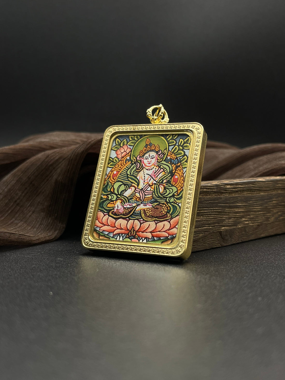 Longevity, Wealth, Elegance and Beauty: Nepal White Tara Thangka Pendant with Titanium Casing