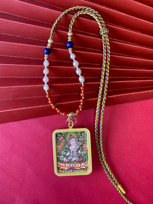 Longevity and Purity: Nepal White Tara Thangka Pendant with Alloy Casing