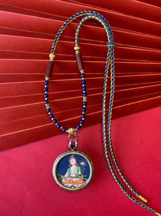 Longevity and Purity: Rekong White Tara Thangka Pendant with 925 Silver Casing