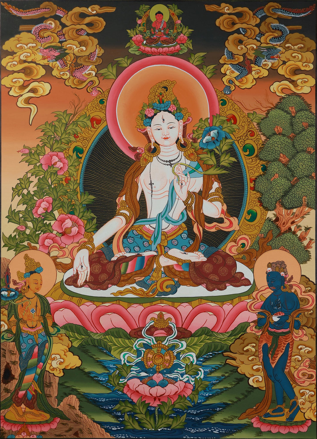 Nepalese Hand-Painted White Tara Thangka: Unpacking Its Spiritual Themes, Divine Figures Tibetan Buddhist Thangka Painting