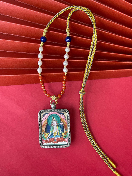 Longevity and Purity: Tibet White Tara Thangka Pendant with Copper Casing