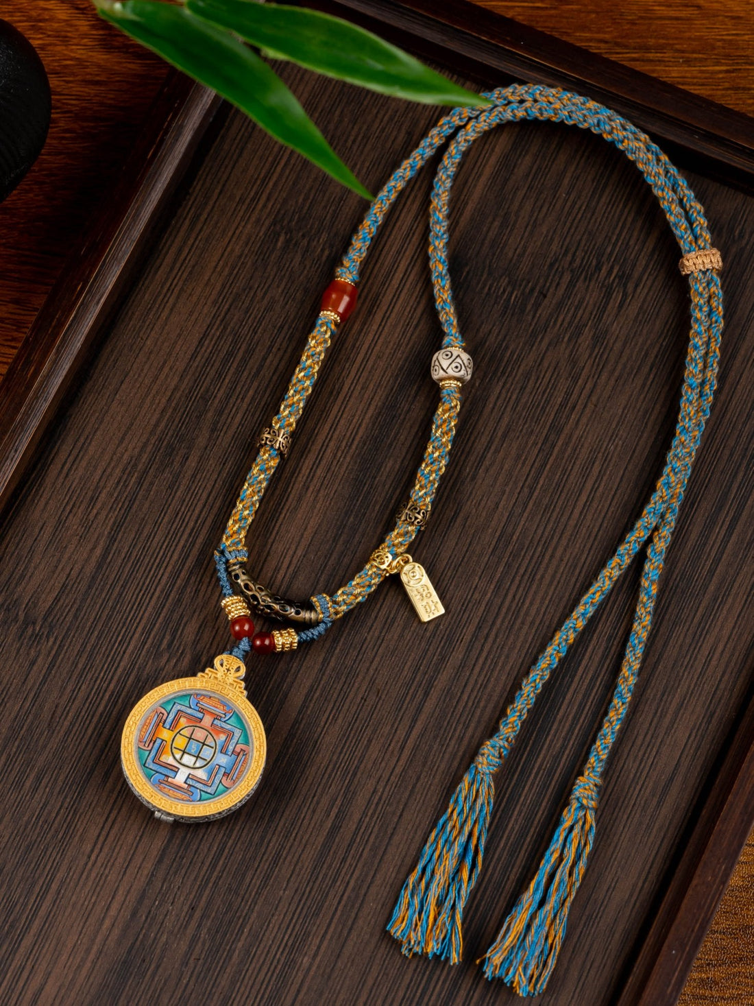 The Place Where Buddhas and Bodhisattvas Teach Dharma: Rekong Yamantaka Mandala Thangka Pendant with Copper Tube Braided Cord