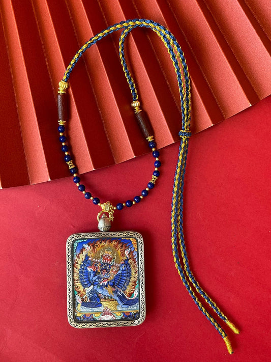 Conquerer of Death: Tibet Yamantaka Thangka Pendant with Copper Casing