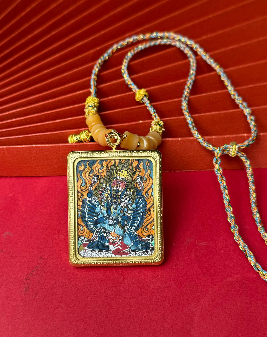 The Wrathful Form of Manjushri: Nepal Yamantaka Thangka Pendant with Hand-Designed Cord
