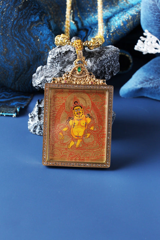 3.5x4.5cm Hand-Painted Tibetan Yellow Jambhala Buddhist Pendant: The Wealth Bestowing Tibetan Buddhist Jewelry