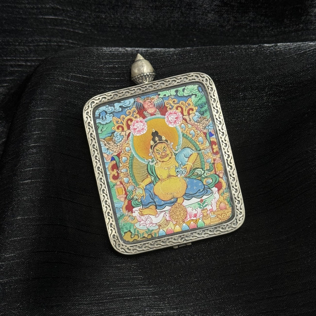 Yellow Jambhala Menri Thangka Pendant: The Wealth Deity of Blessings and Abundance